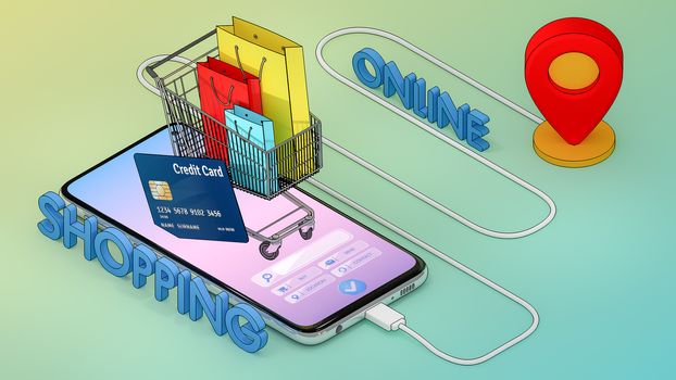 Many Paper bag and price tag and credit card in a shopping cart with mobile digital city map with red pin pointers., shopping online and delivery concept.,3D rendering.