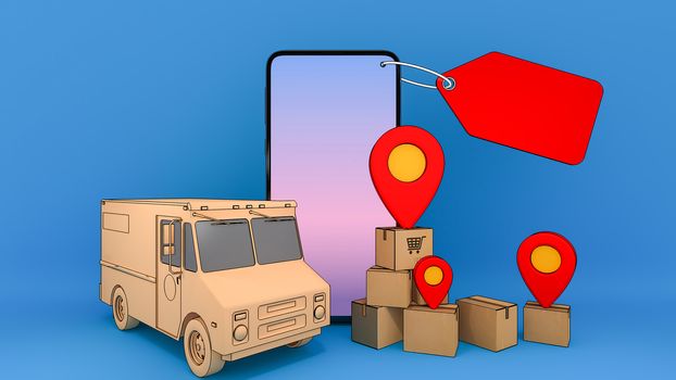 Mobile phone and truck van with many paper box and red pin pointers.,Online mobile application order transportation service and Shopping online and Delivery concept.,3D rendering.