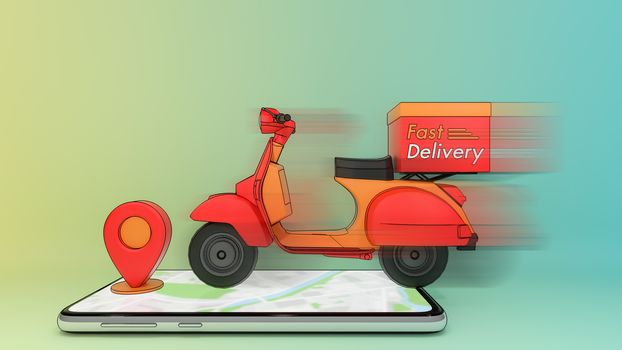 Moving scooter on mobile phone with red pinpoint.,Concept of fast delivery service and Shopping online.,3d illustration with object clipping path.