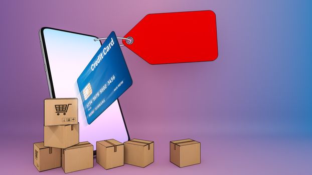 Credit card of ejected from a mobile phone and many parcel box.,Online mobile application order transportation service and Shopping online and Delivery concept.,3D rendering.