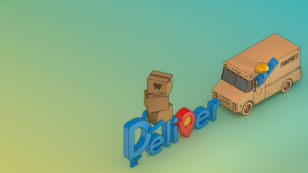 Character cartoon delivery font with truck van and many parcel box.,Online mobile application order transportation service, 3D rendering.