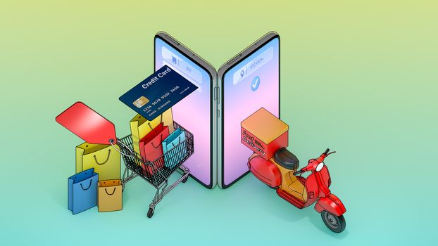 Colourful paper shopping bags and credit card in a cart with scooter appeared from smartphones screen.,Concept of fast delivery service and Shopping Online.,3d illustration with object clipping path.