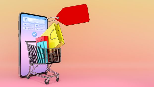 Many Shopping bag and price tag in a shopping cart appeared from smartphones screen., shopping online or shopaholic concept.,3d illustration with object clipping path.