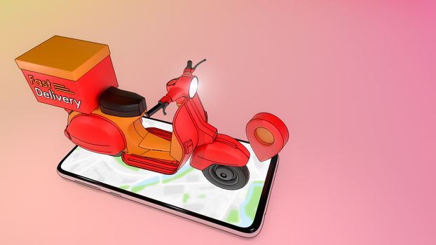 Scooter on mobile phone with red pinpoint.,Concept of fast delivery service and Shopping online.,3d illustration with object clipping path.