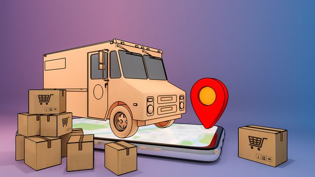 Mobile phone and truck van with many paper box and red pin pointers.,Online mobile application order transportation service and Shopping online and Delivery concept.,3D rendering.