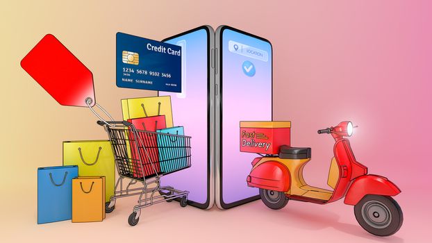 Colourful paper shopping bags and credit card in a cart with scooter appeared from smartphones screen.,Concept of fast delivery service and Shopping Online.,3d illustration with object clipping path.