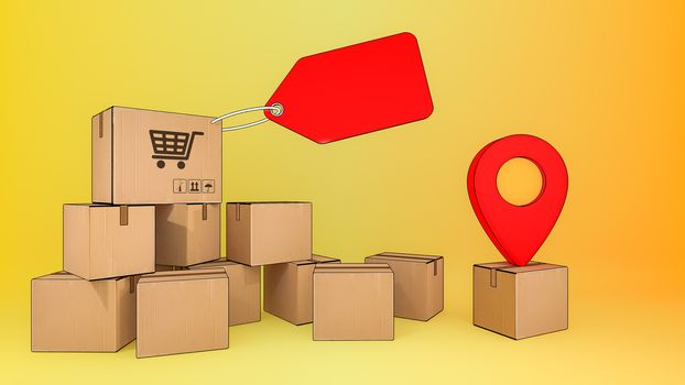 Many parcel box with price tag and and red pointers.,Online mobile application order transportation service and Shopping online and Delivery concept.,3D rendering.