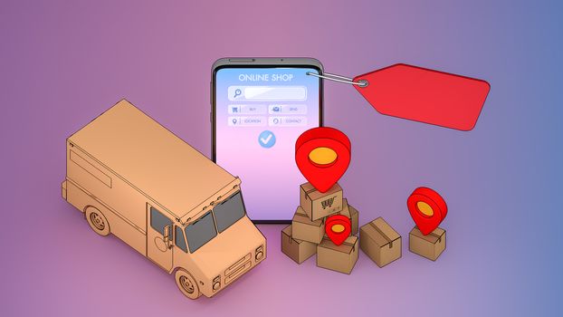 Mobile phone and truck van with many paper box and red pin pointers.,Online mobile application order transportation service and Shopping online and Delivery concept.,3D rendering.