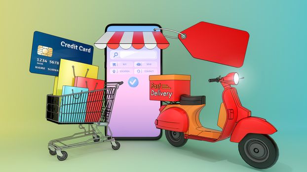 Many Shopping bag and price tag and credit card in a shopping cart with scooter appeared from smartphones screen.,Concept of fast delivery service and Shopping online.,3d illustration with object clipping path.