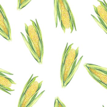 Seamless Pattern of corn cobs with leaves on white background. Eco vegetables plants. Shop design, healthy lifestyle, packaging, textile. Hand drawn watercolor illustration. Botanical realistic art.