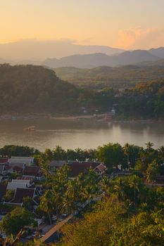 Elevated view of the city of Luang Prabang, Laos and Mekong river, in the afternoon.