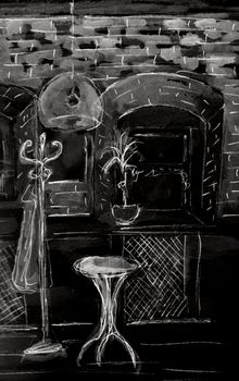 Sketch of Cafe interior. Hand drawn illustration. Black and white colors. Chalkboard imitation.