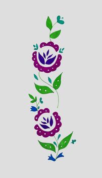 Decorative composition of abstract doodle flowers and leaves. Floral motif illustration. Design element. Hand drawn vertical ornament isolated on light gray background.