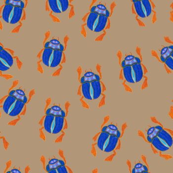 Blue scarab isolated on beige background. Seamless pattern with Bug insect, Beetles. Design for wrapping paper, cover, greeting card, wallpaper, fabric.