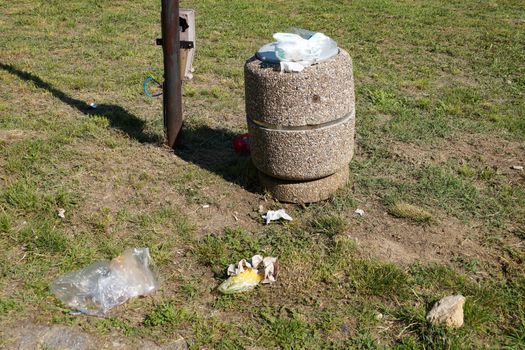 trash lying on the grass next to a full garbage bin in a summer park