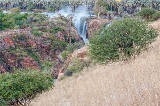 Part of the Epupa waterfalls in the Kunene River after sunset. Baobab and makalani palm trees are visible