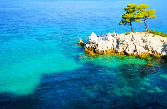 turquoise water, pine trees and rocky coastline of Skopelos, Greece