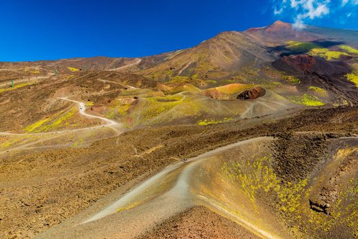 Colorful lava hills and volcanic craters. Mount Etna. Sicily, Italy