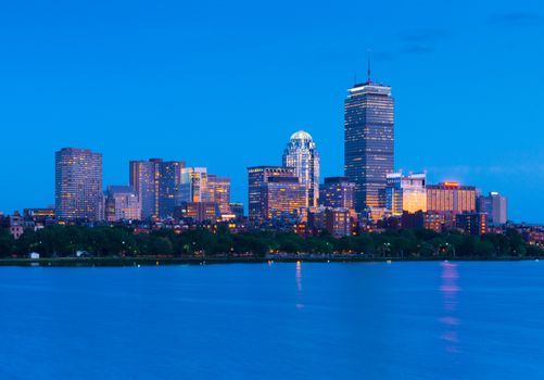 Boston skyline at night. Illuminated buildings in Back Bay. Massachusetts, USA