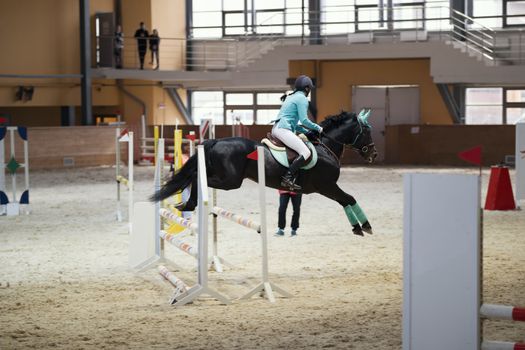 Young female rider on the black stallion jumping over hurdle, close up