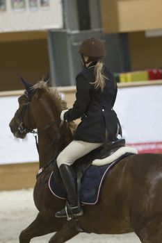 Rear view of female equestrian rider running on stallion at show jumping competition, telephoto shot