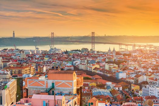Picturesque sunset over Lisbon, Portugal. Evening panorama of the Portuguese capital city