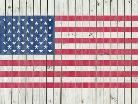 American Flag painted on the wooden fence background, USA flag overprint, relief texture