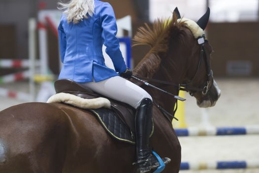Rear view of female equestrian on the ginger stallion at show jumping competition, close up