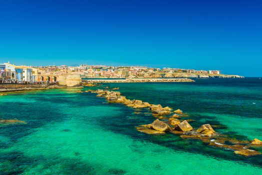 Syracuse, Sicily. Beautiful view of the Ionian Sea coastline in Ortigia, Italy