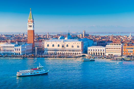 Venice cityscape, Italy. Ship is floating in The Grand Canal of Venice. Aerial panorama of the most popular Italian city.