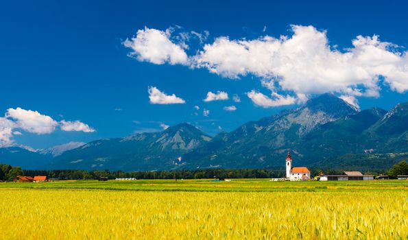 Wide angle panorama of the picturesque landscape in Slovenia.