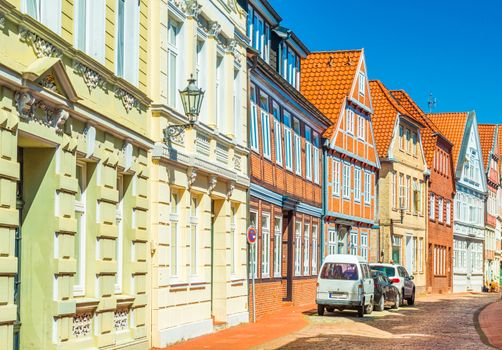 View of a typical German street with the traditional architecture. Stade, Germany