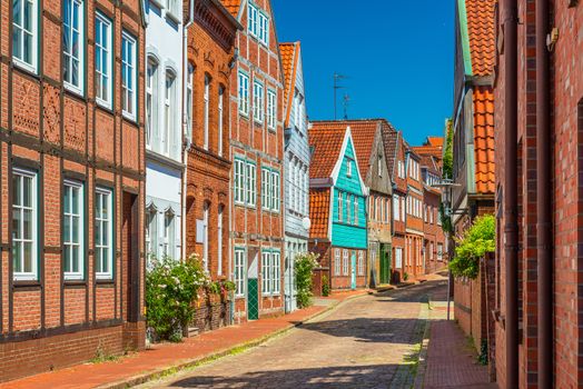 View of a typical German street with brick and half-timbered houses