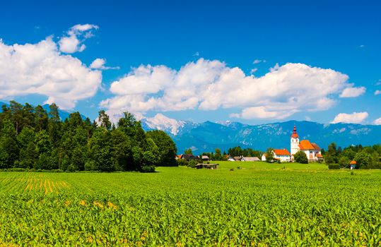Beautiful landscape with mountains, forest, green field and the old Chapel with orange roof. Slovenia.
