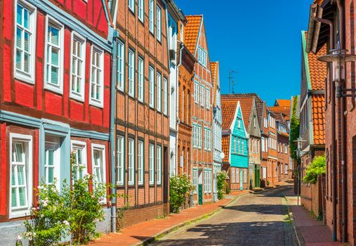 Typical German street in Stade, Germany. Colorful houses in the traditional architectural style