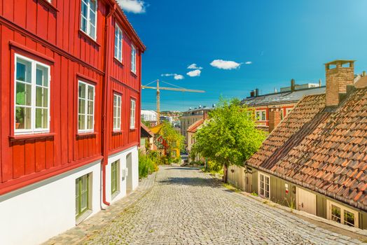 Old wooden houses in Oslo, view of one of the oldest streets in the city, Norway