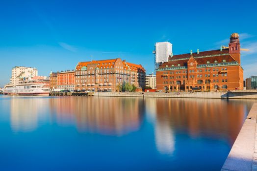 Malmo cityscape reflected in water, Sweden