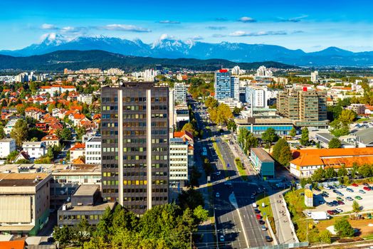 Cityscape of Ljubljana with the beautiful Alps in the background, Slovenia