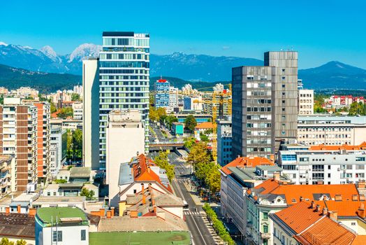 View of downtown Ljubljana, Slovenia. Cityscape with modern and historical buildings in the central part of the city