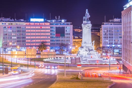 Night view of the Marquis of Pombal Square in Lisbon, Portugal