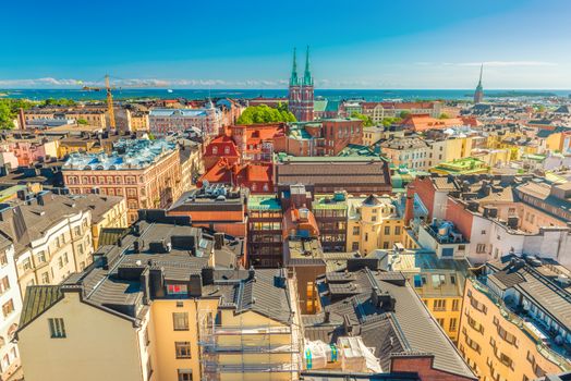 Aerial panorama of Helsinki on a summer day with the clear blue sky, Finland