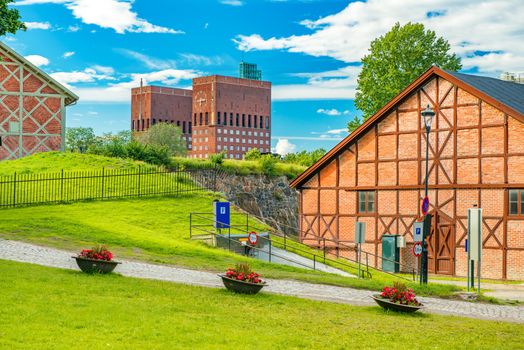Old half-timbered buildings near the Akershus Fortress in the historical center of Oslo, Norway
