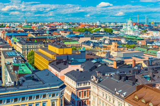Aerial view of Helsinki with colorful historical buildings and the Cathedral, Finland