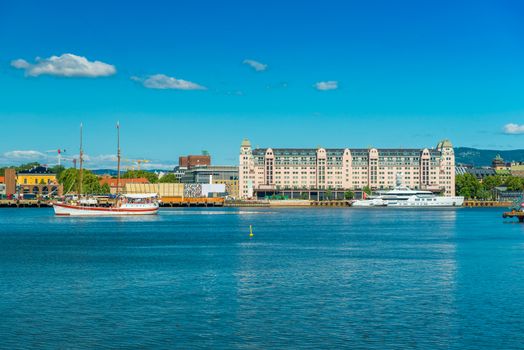 Cityscape of Oslo viewed from the sea, Norway. Skyline of a port city on summer sunny day