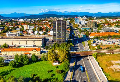 Beautiful aerial panorama of Ljubljana with mountain range in the background, Slovenia