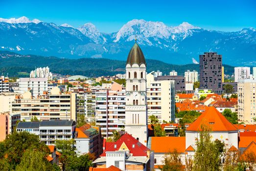 Picturesque panorama of Ljubljana with mountains in the background, Slovenia