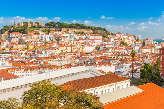 Panorama of Lisbon old city center. View of the St George's Castle (Castelo de Sao Jorge), popular landmark, Portugal