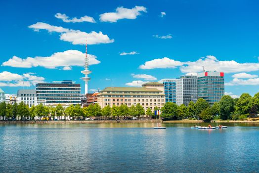 Hamburg, Germany: View of the Alster Lake in downtown of one of the most biggest German cities. Skyline with modern architecture and TV tower