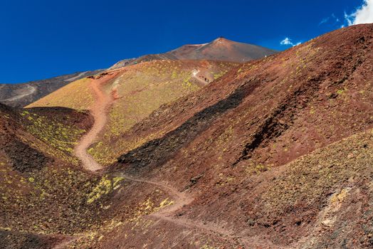 Beautiful valley between giant red-brown lava hills. Mount Etna, Sicily, Italy