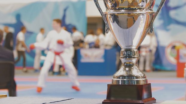 Win cup in front of fighting karate at the tournament, sow-motion, blurred